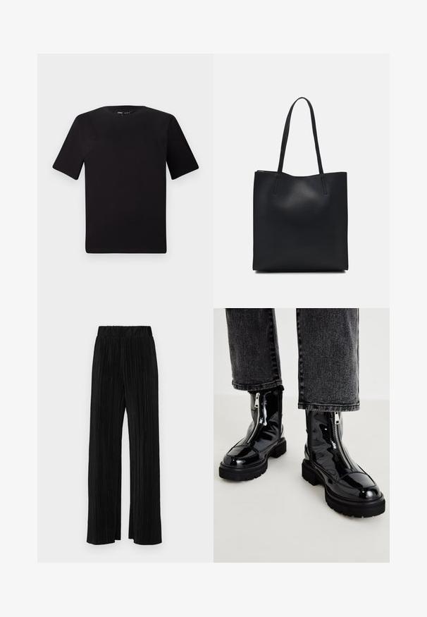 Black short-sleeve t-shirt with a round neckline, crafted from soft cotton fabric. Simple design, no visible logos or patterns.; Black pleated trousers with an elastic waistband. Features wide legs and a smooth, textured fabric with vertical stripes.; Black patent leather ankle boots with a chunky sole and side zipper detail, paired with dark denim jeans.; Black leather tote bag with smooth texture, rectangular shape, and two long handles. No visible hardware or embellishments.