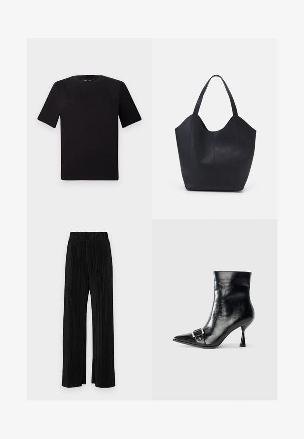 Black short-sleeve t-shirt with a round neckline, crafted from soft cotton fabric. Simple design, no visible logos or patterns.; Black pleated trousers with an elastic waistband. Features wide legs and a smooth, textured fabric with vertical stripes.; Black ankle boot made of glossy leather with a pointed toe, featuring a silver buckle detail and a unique triangular heel design.; Black tote bag made of smooth leather, featuring a curved, open top with two shoulder straps and a minimalist design.