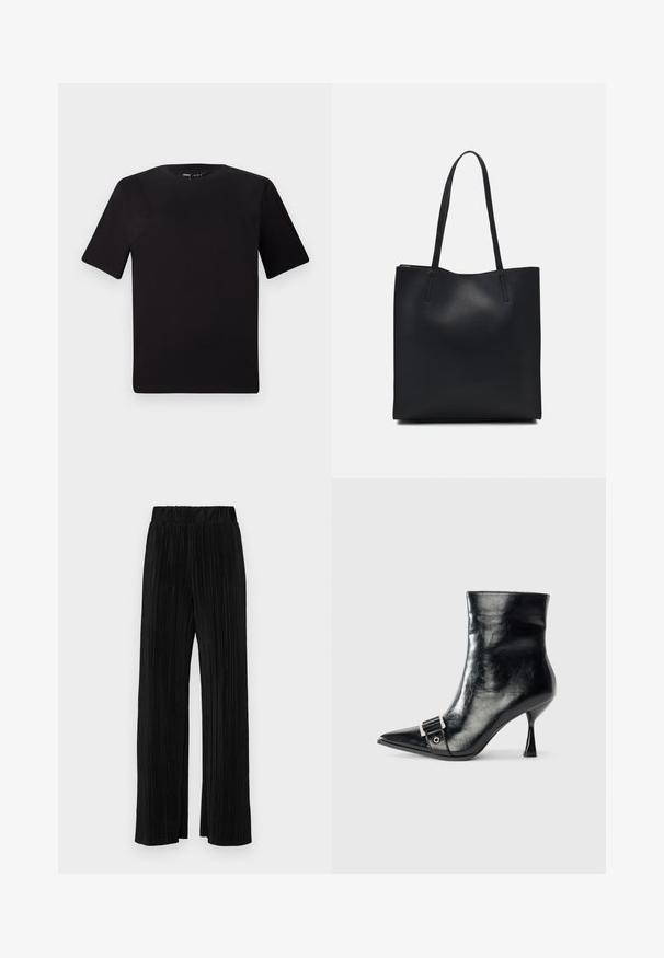 Crna majica kratkih rukava s okruglim izrezom, izrađena od mekane pamučne tkanine. Jednostavan dizajn, bez vidljivih logotipa ili uzoraka.; Crne plisirane hlače s elastičnim pojasom. Imaju široke nogavice i glatku, teksturiranu tkaninu s vertikalnim prugama.; Crne gležnjače od sjajne kože s oštrom natkoljenicom, s detaljem srebrne kopče i jedinstvenim trokutastim potplatom.; Crna kožna torba za nošenje s glatkom teksturom, pravokutnim oblikom i dvije duge ručke. Nema vidljivih metalnih dijelova ili ukrasa.