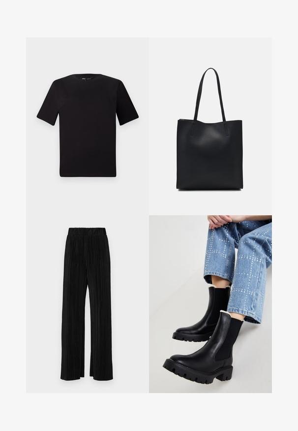 Crna majica kratkih rukava s okruglim izrezom, izrađena od mekane pamučne tkanine. Jednostavan dizajn, bez vidljivih logotipa ili uzoraka.; Crne plisirane hlače s elastičnim pojasom. Imaju široke nogavice i glatku, teksturiranu tkaninu s vertikalnim prugama.; Crne kožne gležnjače s elastičnim bočnim panelima, teksturiranim punim potplatima i krznom od ovčje vune na vrhu, u kombinaciji sa svijetloplavim hlačama s ukrasima.; Crna kožna torba za nošenje s glatkom teksturom, pravokutnim oblikom i dvije duge ručke. Nema vidljivih metalnih dijelova ili ukrasa.