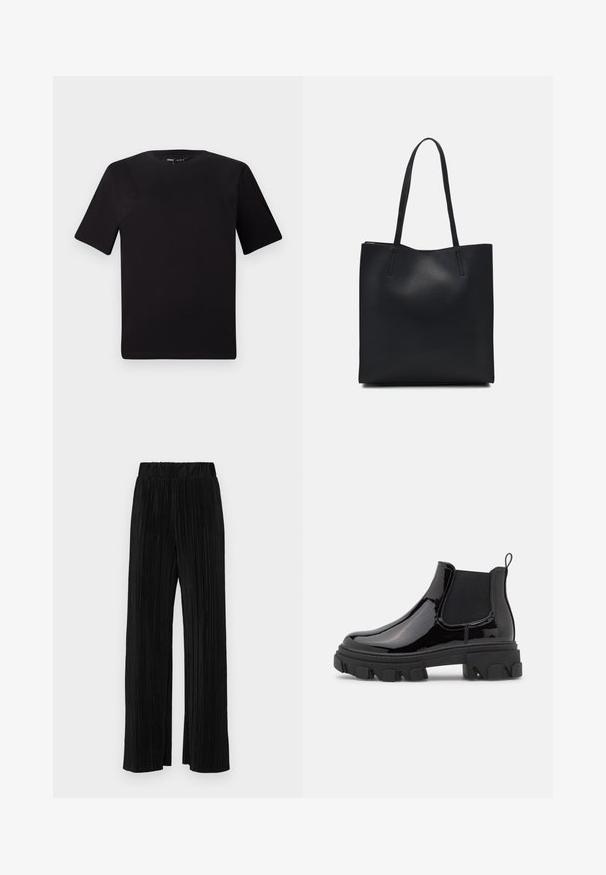 Melnas īsām piedurknēm T-krekls ar apaļu kakla izgriezumu, izgatavots no mīksta kokvilnas auduma. Vienkāršs dizains, bez redzamām logo vai rakstiem.; Melni plīšu bikses ar elastīgu jostu. Tām ir platākas kājas un gluda, teksturēta auduma ar vertikālām svītrām.; Melna lakota ādas Čelsi zābaki ar elastīgām sānu paneļiem, masīvu teksturētu zoli un aizmugurējo cilpu vieglai uzvilkšanai.; Melnas ādas somiņa ar gludu tekstūru, taisnstūra formu un divām garām rokturiem. Nav redzamu aparatūras vai rotājumu.