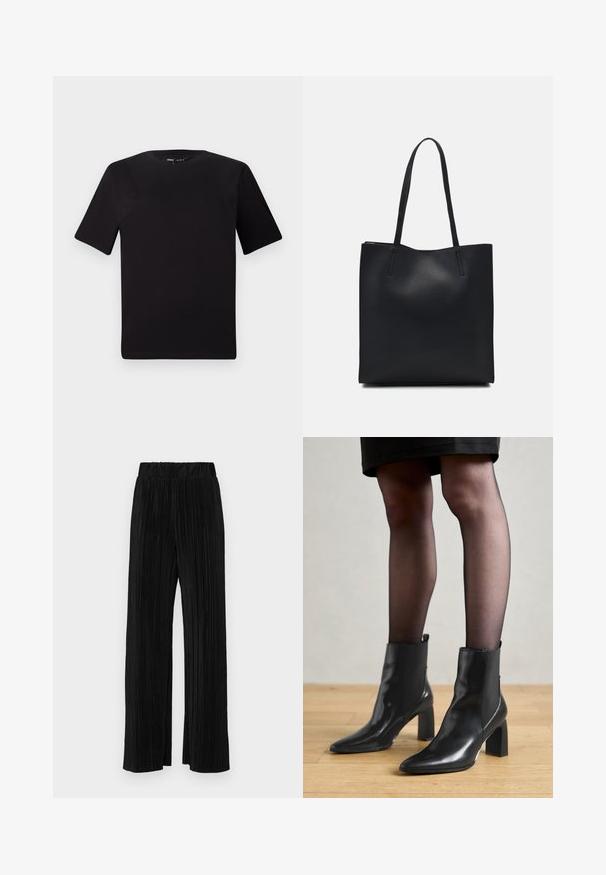 Črna majica s kratkimi rokavi in okroglim izrezom, izdelana iz mehkega bombažnega materiala. Preprost dizajn, brez vidnih logotipov ali vzorcev.; Črne plisirane hlače z elastičnim pasom. Imajo široke noge in gladko, teksturirano tkanino z navpičnimi črtami.; Črne usnjene gležnjarje s koničastim nosom, masivnim kvadratnim petam in sleek oblikovanjem. Imajo elastične stranske panele za enostavno obuvanje.; Črna usnjena torba s svilnato teksturo, pravokotne oblike in dvema dolgima ročajema. Brez vidnih metalnih delov ali okrasnih elementov.