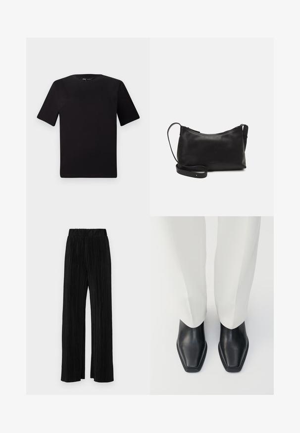 Juodas trumpas rankovės marškinėlis su apvaliu iškirpimu, pagamintas iš minkštos medvilnės medžiagos. Paprastas dizainas, be matomų logotipų ar raštų.; Juodi plisuoti kelnės su elastine juosta. Turėkite plačias kojas ir glotnų, tekstūrinį audinį su vertikaliais dryžiais.; Juoda oda auliniai batai su smailiu pirštu ir žemu storu kulnu, derinami su baltais platėjančiais keliais. Lygus paviršius, elegantiškas dizainas.; Juodas odinis petinis krepšys su lygiu paviršiumi, išlenkta forma, reguliuojama dirželiu ir užtrauktuku. Minimalistinis dizainas be puošmenų.