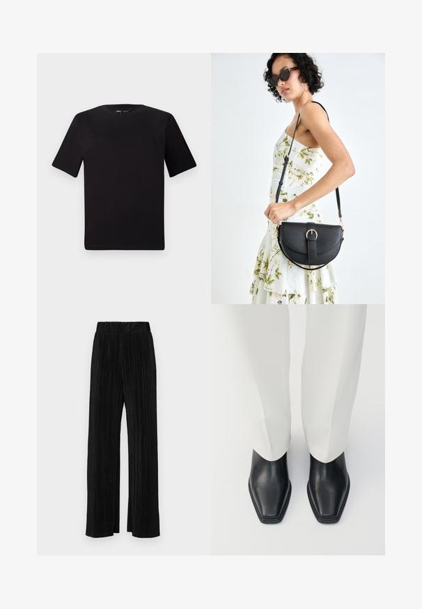 Černé tričko s krátkým rukávem a kulatým výstřihem, vyrobené z měkké bavlněné látky. Jednoduchý design, žádné viditelné logo nebo vzory.; Černé plisované kalhoty s elastickým pasem. Mají široké nohavice a hladkou, strukturovanou tkaninu s vertikálními pruhy.; Černé kožené kotníkové boty se špičatou špičkou a nízkým zúženým podpatkem, spárované s bílými širokými kalhotami. Hladká textura, elegantní design.; Černá kožená kabelka s křivkovým tvarem, odnímatelným popruhem a zlatými detaily. Kabelka má klopu s přezkou.