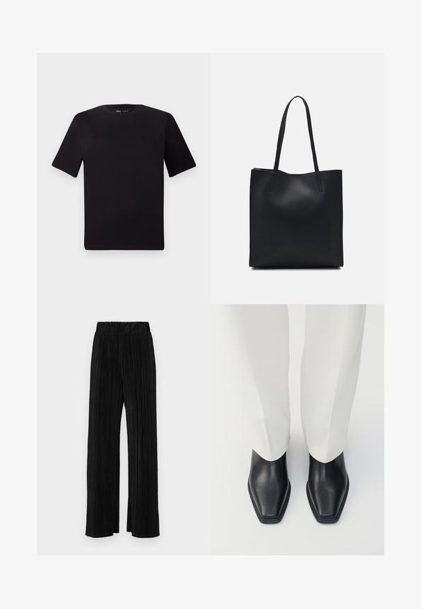 Camiseta negra de manga corta con cuello redondo, fabricada en suave algodón. Diseño simple, sin logos ni patrones visibles.; Pantalones negros de pliegues con una cintura elástica. Presentan piernas anchas y una tela suave y texturada con rayas verticales.; Botas de cuero negro hasta el tobillo con punta afilada y un tacón bajo y apilado, combinadas con pantalones blancos de pierna ancha. Textura suave, diseño elegante.; Bolso tote de cuero negro con textura lisa, forma rectangular y dos asas largas. Sin herrajes ni adornos visibles.