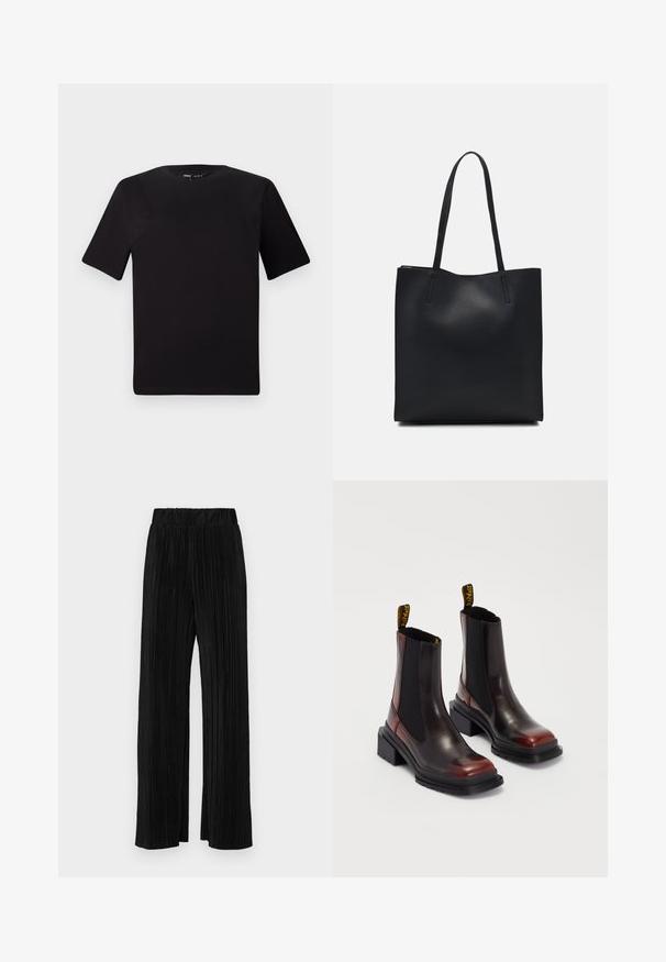 Black short-sleeve t-shirt with a round neckline, crafted from soft cotton fabric. Simple design, no visible logos or patterns.; Black pleated trousers with an elastic waistband. Features wide legs and a smooth, textured fabric with vertical stripes.; Dr. Martens MAYBOLE CHELSEA - Platform ankle boots - black/cherry red; Black leather tote bag with smooth texture, rectangular shape, and two long handles. No visible hardware or embellishments.
