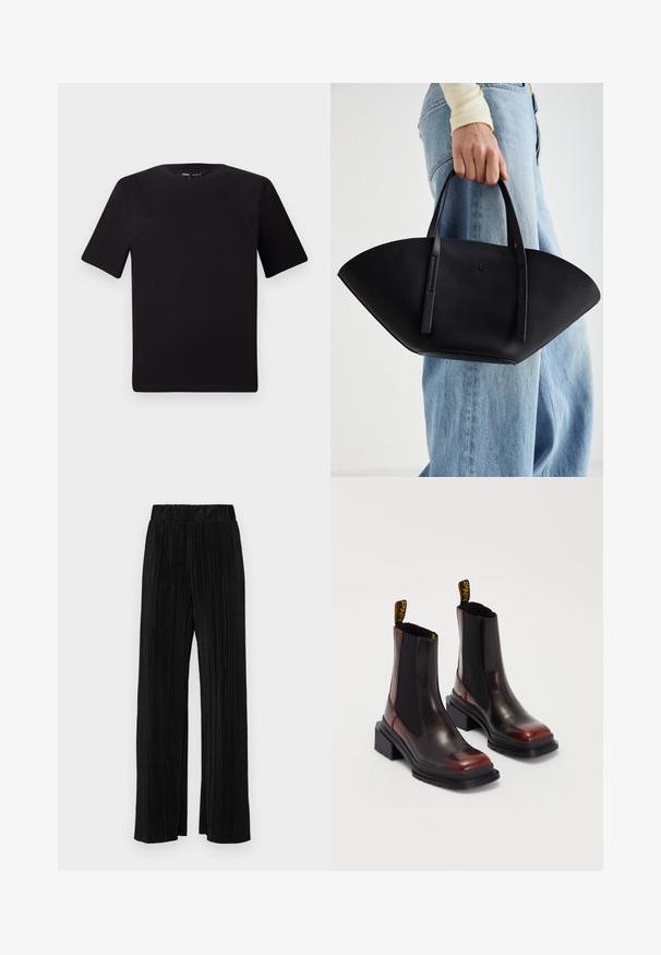 Črna majica s kratkimi rokavi in okroglim izrezom, izdelana iz mehkega bombažnega materiala. Preprost dizajn, brez vidnih logotipov ali vzorcev.; Črne plisirane hlače z elastičnim pasom. Imajo široke noge in gladko, teksturirano tkanino z navpičnimi črtami.; Dr. Martens MAYBOLE CHELSEA - Gležnjarji s platformo - black/cherry red; Črna usnjena torbica z edinstveno obliko ventilatorja, z ravnimi ročaji. Površina ima teksturo z drobnimi kamni in minimalističen dizajn.