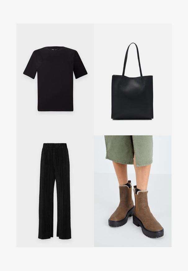 T-shirt preta de mangas curtas com decote redondo, feita de tecido de algodão suave. Design simples, sem logótipos ou padrões visíveis.; Calças pregueadas pretas com uma cintura elástica. Apresentam pernas largas e um tecido liso, texturizado com riscas verticais.; Botas de tornozelo castanhas em couro com sola de borracha, forro peludo e inserções laterais elásticas. Apresenta um salto bloco baixo e uma textura suave.; Bolsa tote preta em couro com textura lisa, forma retangular e duas alças longas. Sem hardware ou enfeites visíveis.