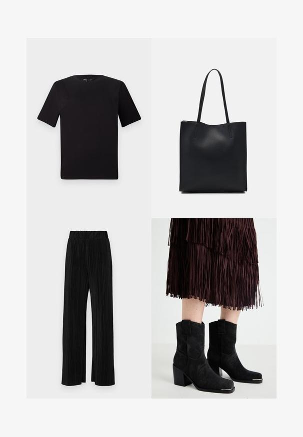 Black short-sleeve t-shirt with a round neckline, crafted from soft cotton fabric. Simple design, no visible logos or patterns.; Black pleated trousers with an elastic waistband. Features wide legs and a smooth, textured fabric with vertical stripes.; Black suede ankle boots with a square toe, high block heel, and decorative loop accents on the shaft, paired with a fringed brown skirt.; Black leather tote bag with smooth texture, rectangular shape, and two long handles. No visible hardware or embellishments.