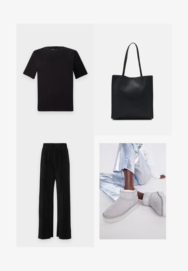 Tricou scurt negru cu mânecă scurtă și guler rotund, realizat dintr-un material de bumbac moale. Design simplu, fără logo-uri sau modele vizibile.; Pantaloni negri plisati cu talie elastică. Prezintă picioare largi și un material neted, texturat, cu dungi verticale.; Botine gri din suede, împodobite cu numeroase strasuri strălucitoare, cu o talpă albă și căptușeală moale, asociate cu pantaloni metalici argintii.; Geantă tote neagră din piele, cu textură netedă, formă rectangulară și două mânere lungi. Fără hardware vizibil sau ornamente.