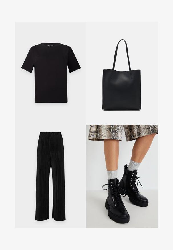 Czarna koszulka z krótkim rękawem o okrągłym dekolcie, wykonana z miękkiej bawełny. Prosty design, bez widocznych logo ani wzorów.; Czarne spodnie plisowane z elastycznym paskiem w talii. Posiadają szerokie nogawki oraz gładki, teksturowany materiał z pionowymi paskami.; Steve Madden GUSTO czarny; Czarna skórzana torba tote o gładkiej fakturze, prostokątnym kształcie i dwóch długich uchwytach. Brak widocznych elementów metalowych i ozdób.