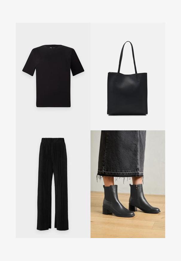 Juodas trumpas rankovės marškinėlis su apvaliu iškirpimu, pagamintas iš minkštos medvilnės medžiagos. Paprastas dizainas, be matomų logotipų ar raštų.; Juodi plisuoti kelnės su elastine juosta. Turėkite plačias kojas ir glotnų, tekstūrinį audinį su vertikaliais dryžiais.; Juodi odiniai aulinukai iki kulkšnies su apvalia nosimi ir blokuoto tipo kulnu. Turi šoninį užtrauktuką ir sklandžiai tekstūrai. Dėvimi su suplėšyta džinsine sijonu.; Juodas odinis tote krepšys su lygia tekstūra, stačiakampio formos ir dviem ilgais rankenomis. Matomų metalinių detalių ar puošybos nėra.