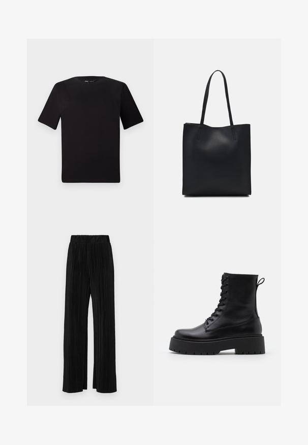 Fekete, rövid ujjú póló, kerek nyakkal, puha pamutból készült. Egyszerű dizájn, nincs látható logó vagy minta.; Fekete pliszírozott nadrág gumis derekkal. Széles lábakkal rendelkezik, sima, texturált anyagból készült, függőleges csíkokkal.; Fekete bőr bokacsizma, kerek orral, fűzős elülső résszel és vastag, texturált gumitalppal. Húzófül hátul.; Fekete bőrtáska sima felszínnel, téglalap alakú, két hosszú füllel. Nincs látható fémkiegészítő vagy díszítés.