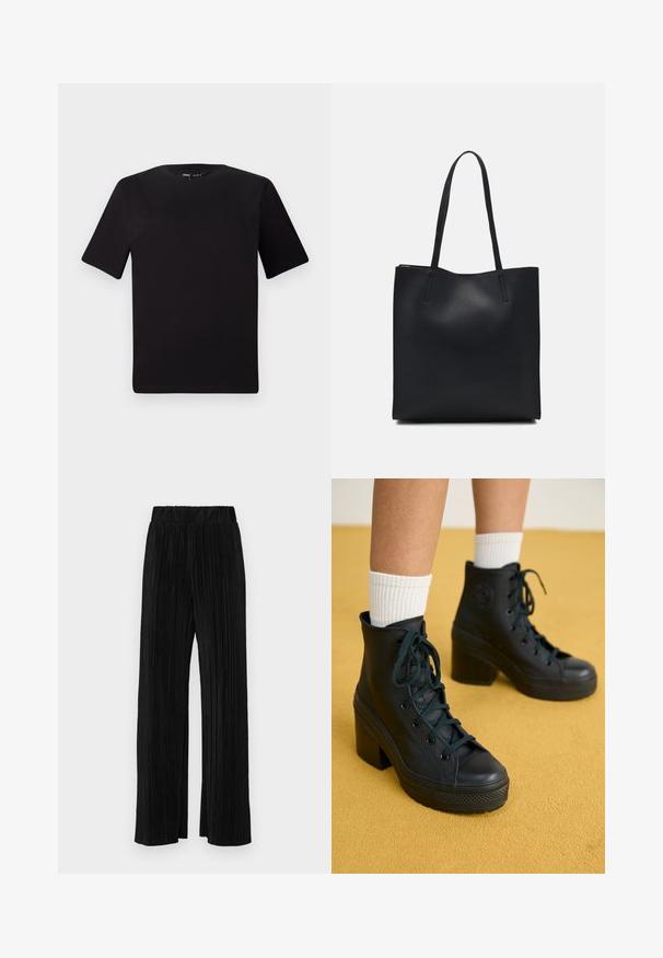 Black short-sleeve t-shirt with a round neckline, crafted from soft cotton fabric. Simple design, no visible logos or patterns.; Black pleated trousers with an elastic waistband. Features wide legs and a smooth, textured fabric with vertical stripes.; Black high-top sneakers with a textured finish, lace-up design, rubber toe cap, and chunky heels, paired with white ribbed crew socks.; Black leather tote bag with smooth texture, rectangular shape, and two long handles. No visible hardware or embellishments.