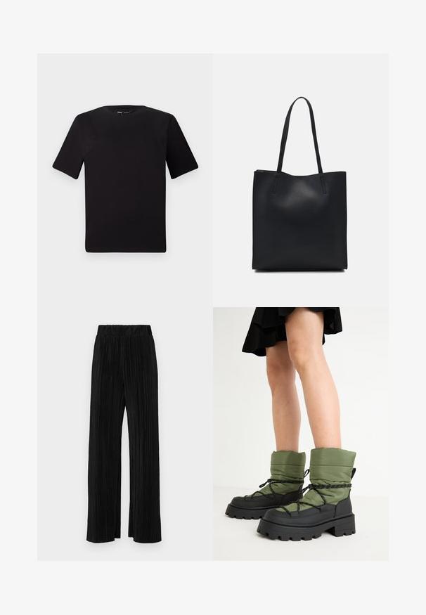 Camiseta negra de manga corta con cuello redondo, fabricada en suave algodón. Diseño simple, sin logos ni patrones visibles.; Pantalones negros de pliegues con una cintura elástica. Presentan piernas anchas y una tela suave y texturada con rayas verticales.; Botines acolchados verdes con suelas de goma negras y cordones. La parte superior tiene una textura acolchada. Suela gruesa para una mayor tracción y estabilidad.; Bolso tote de cuero negro con textura lisa, forma rectangular y dos asas largas. Sin herrajes ni adornos visibles.