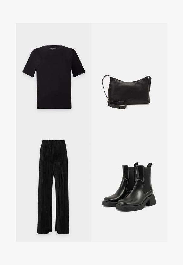 Svart t-skjorte med korte ermer og rund hals, laget av mykt bomullsstoff. Enkelt design, ingen synlige logoer eller mønstre.; Sorte plisserte bukser med elastisk midje. Har vide ben og et glatt, strukturert stoff med vertikale striper.; Sorte lær Chelsea støvler med en kraftig hæl, elastiske sidepaneler og kontrasterende hvid syning. Teksturert overflate.; Svart skinn skulderveske med glatt tekstur, buet form, justerbar stropp og glidelås. Minimalistisk design uten dekorasjoner.
