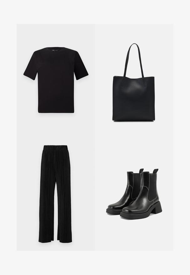 Czarna koszulka z krótkim rękawem o okrągłym dekolcie, wykonana z miękkiej bawełny. Prosty design, bez widocznych logo ani wzorów.; Czarne spodnie plisowane z elastycznym paskiem w talii. Posiadają szerokie nogawki oraz gładki, teksturowany materiał z pionowymi paskami.; Czarne skórzane botki Chelsea na mocnej podeszwie, z elastycznymi panelami bocznymi i kontrastującym białym ściegiem. Teksturowane wykończenie.; Czarna skórzana torba tote o gładkiej fakturze, prostokątnym kształcie i dwóch długich uchwytach. Brak widocznych elementów metalowych i ozdób.