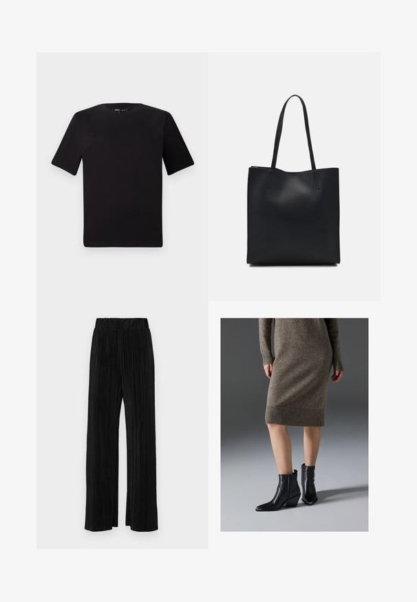 Crna majica kratkih rukava s okruglim izrezom, izrađena od mekane pamučne tkanine. Jednostavan dizajn, bez vidljivih logotipa ili uzoraka.; Crne plisirane hlače s elastičnim pojasom. Imaju široke nogavice i glatku, teksturiranu tkaninu s vertikalnim prugama.; Crne kožne gležnjače s izduženim vrhom, debelim potplatom i detaljima šavova u zig-zag obliku, uparene s rebrastom, smeškastom pletenom haljinom.; Crna kožna torba za nošenje s glatkom teksturom, pravokutnim oblikom i dvije duge ručke. Nema vidljivih metalnih dijelova ili ukrasa.