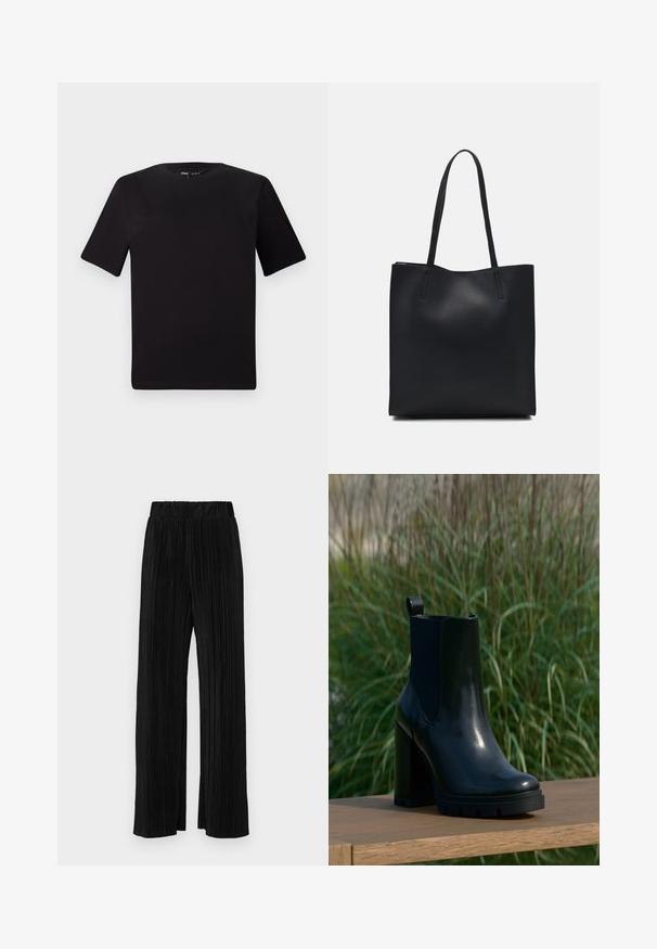 Fekete, rövid ujjú póló, kerek nyakkal, puha pamutból készült. Egyszerű dizájn, nincs látható logó vagy minta.; Fekete pliszírozott nadrág gumis derekkal. Széles lábakkal rendelkezik, sima, texturált anyagból készült, függőleges csíkokkal.; Fekete, fényes bőr bokacsizma vastag, magas sarkával és húzófülével, fából készült felületen, zöld, magas fű háttérrel.; Fekete bőrtáska sima felszínnel, téglalap alakú, két hosszú füllel. Nincs látható fémkiegészítő vagy díszítés.