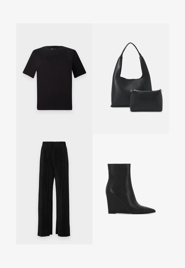 Crna majica kratkih rukava s okruglim izrezom, izrađena od mekane pamučne tkanine. Jednostavan dizajn, bez vidljivih logotipa ili uzoraka.; Crne plisirane hlače s elastičnim pojasom. Imaju široke nogavice i glatku, teksturiranu tkaninu s vertikalnim prugama.; Crna wedges cipele do gležnja napravljene od teksturirane kože; karakteriziraju ih špicasti nos i glatki, elegantni dizajn s oblikovanim siluetom.; Even&Odd Ručna torba - black