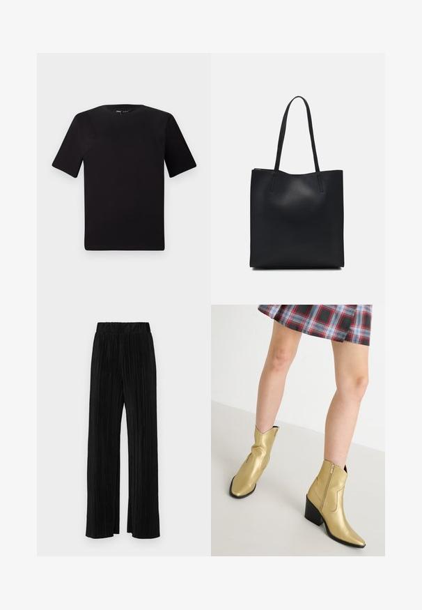 Czarna koszulka z krótkim rękawem o okrągłym dekolcie, wykonana z miękkiej bawełny. Prosty design, bez widocznych logo ani wzorów.; Czarne spodnie plisowane z elastycznym paskiem w talii. Posiadają szerokie nogawki oraz gładki, teksturowany materiał z pionowymi paskami.; Złote metaliczne botki za kostkę z ostrymi noskami, zamek błyskawiczny i blokowy obcas. Gładka tekstura z przeszywanymi akcentami oraz klasyczny kształt.; Czarna skórzana torba tote o gładkiej fakturze, prostokątnym kształcie i dwóch długich uchwytach. Brak widocznych elementów metalowych i ozdób.