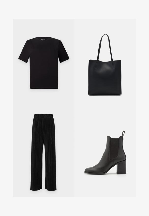 T-shirt preta de mangas curtas com decote redondo, feita de tecido de algodão suave. Design simples, sem logótipos ou padrões visíveis.; Calças pregueadas pretas com uma cintura elástica. Apresentam pernas largas e um tecido liso, texturizado com riscas verticais.; Bota de tornozelo preta com salto, feita de couro liso, com painéis laterais elásticos, bico arredondado e salto quadrado.; Bolsa tote preta em couro com textura lisa, forma retangular e duas alças longas. Sem hardware ou enfeites visíveis.