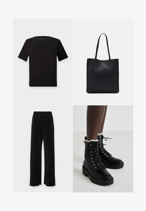 Melnas īsām piedurknēm T-krekls ar apaļu kakla izgriezumu, izgatavots no mīksta kokvilnas auduma. Vienkāršs dizains, bez redzamām logo vai rakstiem.; Melni plīšu bikses ar elastīgu jostu. Tām ir platākas kājas un gluda, teksturēta auduma ar vertikālām svītrām.; Melni šņorējami potīšu zābaki ar masīlu zoli un baltu vilnas oderi, ko valkā persona, stāvot uz gaišas grīdas.; Melnas ādas somiņa ar gludu tekstūru, taisnstūra formu un divām garām rokturiem. Nav redzamu aparatūras vai rotājumu.