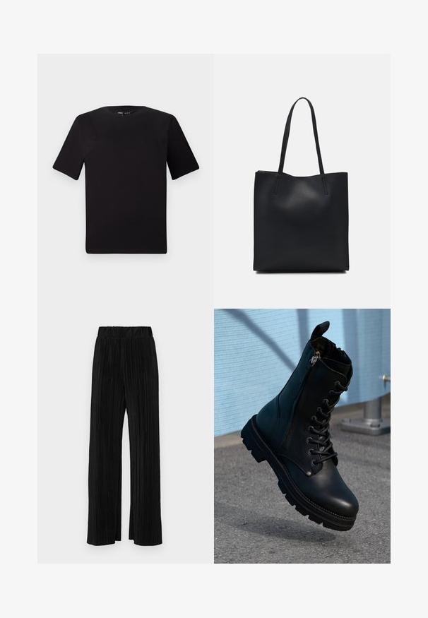 Black short-sleeve t-shirt with a round neckline, crafted from soft cotton fabric. Simple design, no visible logos or patterns.; Black pleated trousers with an elastic waistband. Features wide legs and a smooth, textured fabric with vertical stripes.; Black leather ankle boots featuring a lace-up design, side zipper, textured finish, and a rugged sole with prominent treads.; Black leather tote bag with smooth texture, rectangular shape, and two long handles. No visible hardware or embellishments.