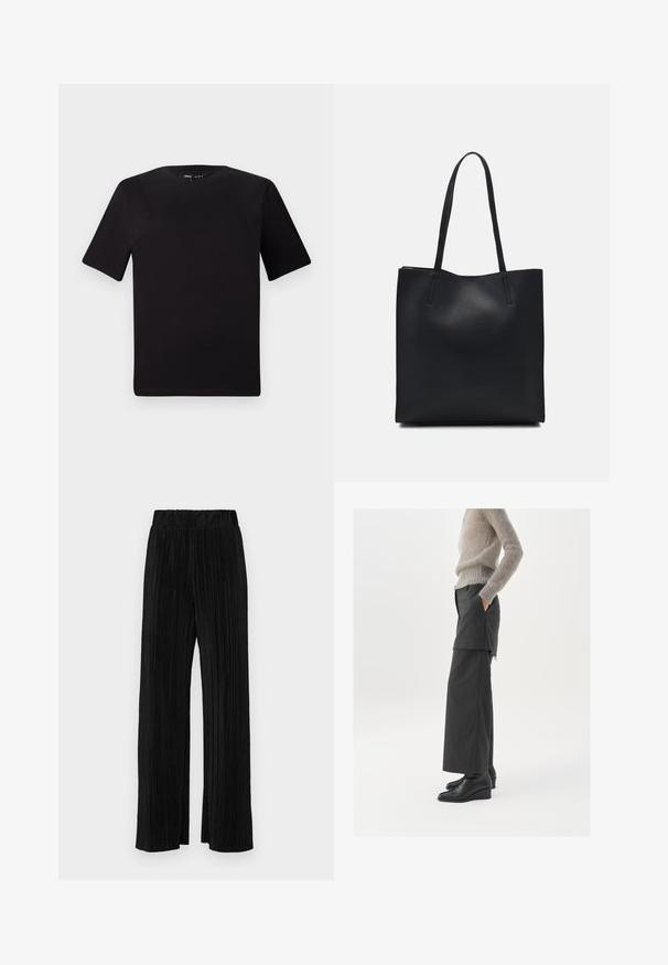 T-shirt preta de mangas curtas com decote redondo, feita de tecido de algodão suave. Design simples, sem logótipos ou padrões visíveis.; Calças pregueadas pretas com uma cintura elástica. Apresentam pernas largas e um tecido liso, texturizado com riscas verticais.; Calças largas pretas com bainha desfiada, combinadas com um suéter felpudo cinza claro. Modelo de pé de lado, com as mãos nos bolsos, vestindo sapatos em cunha pretos.; Bolsa tote preta em couro com textura lisa, forma retangular e duas alças longas. Sem hardware ou enfeites visíveis.