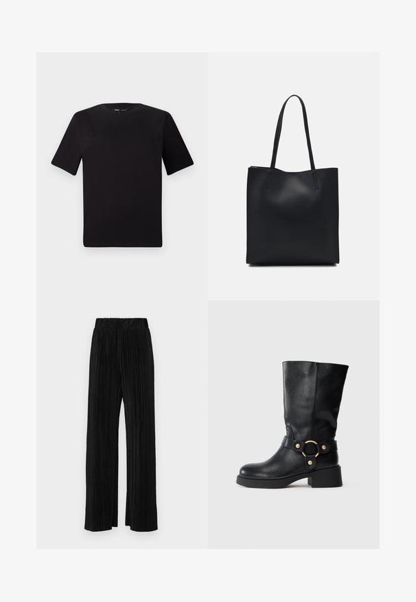 Juodas trumpas rankovės marškinėlis su apvaliu iškirpimu, pagamintas iš minkštos medvilnės medžiagos. Paprastas dizainas, be matomų logotipų ar raštų.; Juodi plisuoti kelnės su elastine juosta. Turėkite plačias kojas ir glotnų, tekstūrinį audinį su vertikaliais dryžiais.; Juodos odinės ilgos puskojinės botai iki blauzdos su masyviu kulnu ir dekoratyvia juostele, kurią puošia auksinė apvalia sagtis, ant balto fono.; Juodas odinis tote krepšys su lygia tekstūra, stačiakampio formos ir dviem ilgais rankenomis. Matomų metalinių detalių ar puošybos nėra.
