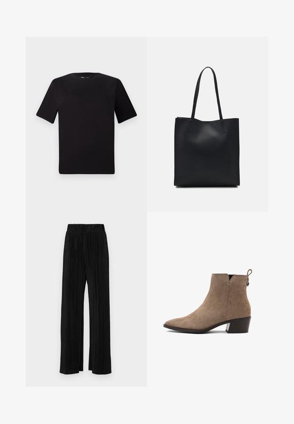 Melnas īsām piedurknēm T-krekls ar apaļu kakla izgriezumu, izgatavots no mīksta kokvilnas auduma. Vienkāršs dizains, bez redzamām logo vai rakstiem.; Melni plīšu bikses ar elastīgu jostu. Tām ir platākas kājas un gluda, teksturēta auduma ar vertikālām svītrām.; Brūni zamša potītes zābaki ar norādītu purngalu, zemu bloku papēdi un aizmugures cilpu. Gluda tekstūra ar minimālām šuvju detaļām.; Melnas ādas somiņa ar gludu tekstūru, taisnstūra formu un divām garām rokturiem. Nav redzamu aparatūras vai rotājumu.