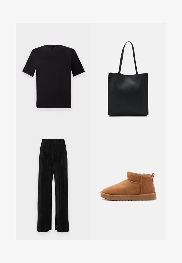 Black short-sleeve t-shirt with a round neckline, crafted from soft cotton fabric. Simple design, no visible logos or patterns.; Black pleated trousers with an elastic waistband. Features wide legs and a smooth, textured fabric with vertical stripes.; Call it Spring JAMIELEE - Winter boots - camel; Black leather tote bag with smooth texture, rectangular shape, and two long handles. No visible hardware or embellishments.