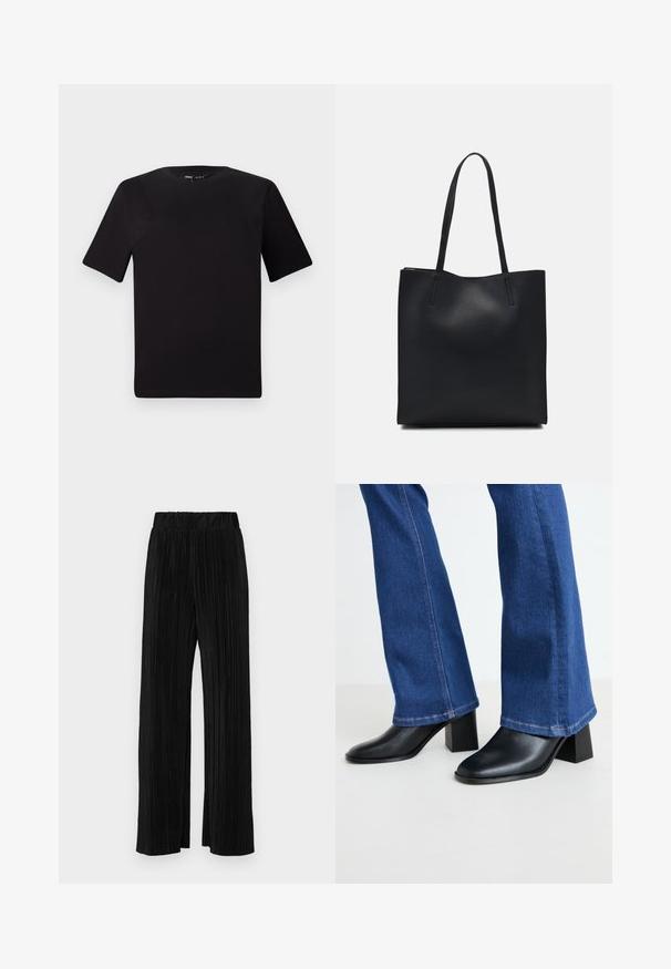 Črna majica s kratkimi rokavi in okroglim izrezom, izdelana iz mehkega bombažnega materiala. Preprost dizajn, brez vidnih logotipov ali vzorcev.; Črne plisirane hlače z elastičnim pasom. Imajo široke noge in gladko, teksturirano tkanino z navpičnimi črtami.; Črne usnjene gležnjarje s kvadratnim nosom in blok peto, v kombinaciji z modrimi denim flare hlačami s kontrastnim šivanjem na robu.; Črna usnjena torba s svilnato teksturo, pravokotne oblike in dvema dolgima ročajema. Brez vidnih metalnih delov ali okrasnih elementov.
