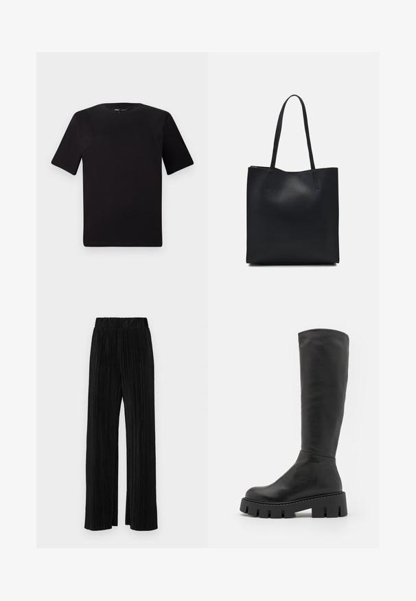 Must olema lühikeste varrukatega must t-särk ümmarguse kaelusega, valmistatud pehmest puuvillast kangast. Lihtne disain, ilma nähtavate logode või mustriteta.; Mustad pleekitud püksid elastse vöökohtaga. Omavad laiad jalad ja sujuvat, tekstureeritud kangast vertikaalsete triipudega.; Mustad muste põlvini saapad, mis on valmistatud siledast nahast, ümarate varvastega ja tugeva tekstuuriga tallaga, millel on sügavad sooned.; Mustast nahast kott sujuva tekstuuriga, ristkülikukujuline ja kahe pika sangaga. Pole nähtavat riistvara ega kaunistusi.