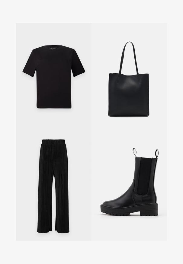 Svart t-skjorte med korte ermer og rund hals, laget av mykt bomullsstoff. Enkelt design, ingen synlige logoer eller mønstre.; Sorte plisserte bukser med elastisk midje. Har vide ben og et glatt, strukturert stoff med vertikale striper.; Sorte ankelstøvler med en glat lærfinish, elastiske sidepaneler, løkker til å dra dem på, og en tykk, strukturert såle for bedre grep.; Svart lær tote bag med glatt tekstur, rektangulær form og to lange håndtak. Ingen synlige deler eller dekorasjoner.