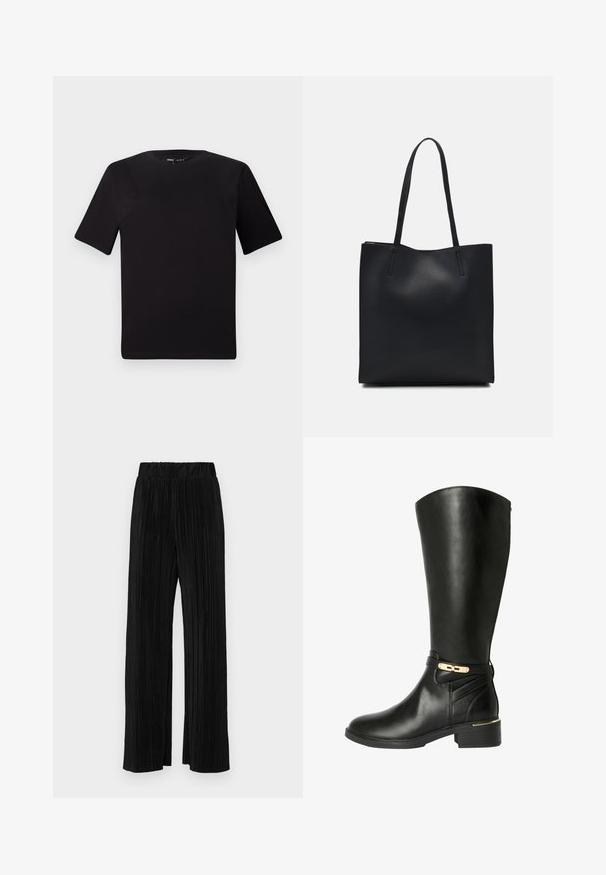 Svart kortärmad t-shirt med rund halsringning, tillverkad i mjukt bomullstyg. Enkelt mönster, utan synliga logotyper eller mönster.; Svarta plisserade byxor med resårmidja. Har vida ben och ett mjukt, texturerat material med vertikala ränder.; Svart läderknähög stövel med rund tå, silverfärgad hårdvara och en texturerad skaft. Har en låg blockklack.; Svart lädertoffelväska med slät textur, rektangulär form och två långa handtag. Ingen synlig hårdvara eller dekorationer.