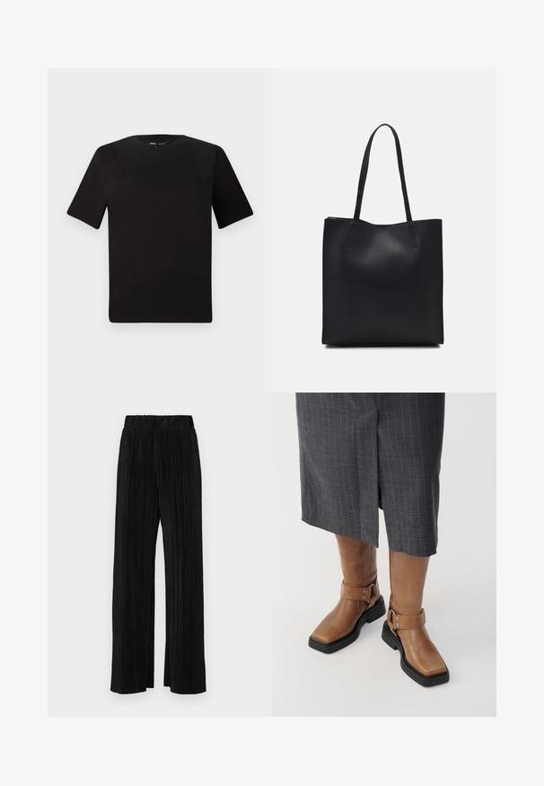 Czarna koszulka z krótkim rękawem o okrągłym dekolcie, wykonana z miękkiej bawełny. Prosty design, bez widocznych logo ani wzorów.; Czarne spodnie plisowane z elastycznym paskiem w talii. Posiadają szerokie nogawki oraz gładki, teksturowany materiał z pionowymi paskami.; Brązowe skórzane kozaki do kolan z kwadratowym noskiem, czarną gumową podeszwą i regulowanym zapięciem. Noszone z szarym spódnicą w prążki.; Czarna skórzana torba tote o gładkiej fakturze, prostokątnym kształcie i dwóch długich uchwytach. Brak widocznych elementów metalowych i ozdób.