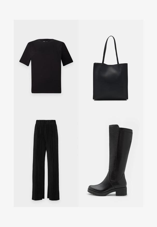 T-shirt nera a maniche corte con scollatura rotonda, realizzata in morbido cotone. Design semplice, senza loghi o motivi visibili.; Pantaloni neri a plissé con vita elasticizzata. Presentano gamba ampia e un tessuto liscio e texture con strisce verticali.; Stivali neri al ginocchio in pelle liscia, con tacco a blocco, punta tonda e un design snello e aderente senza decorazioni.; Borsa tote in pelle nera con texture liscia, forma rettangolare e due manici lunghi. Nessun hardware o decorazione visibile.