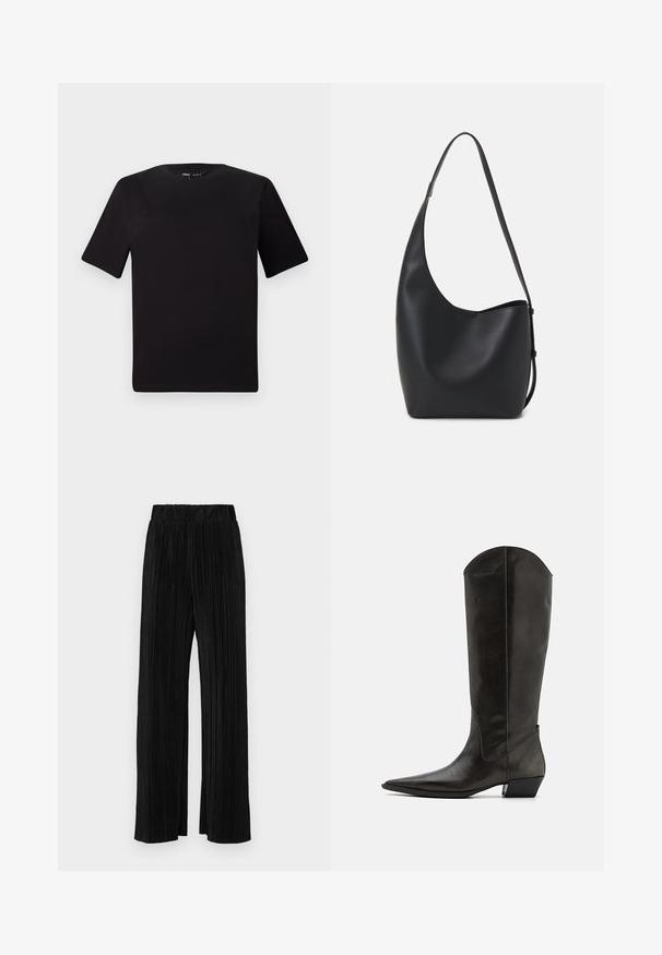 Svart t-skjorte med korte ermer og rund hals, laget av mykt bomullsstoff. Enkelt design, ingen synlige logoer eller mønstre.; Sorte plisserte bukser med elastisk midje. Har vide ben og et glatt, strukturert stoff med vertikale striper.; Svarte lær høye støvletter med spiss tå, lav blokkhæl og et strømlinjeformet design. Skaftet har en lett bue øverst.; Svart lær hobo-veske med glatt tekstur, buet form og enkelt justerbart stropp; har en bred åpning på toppen.