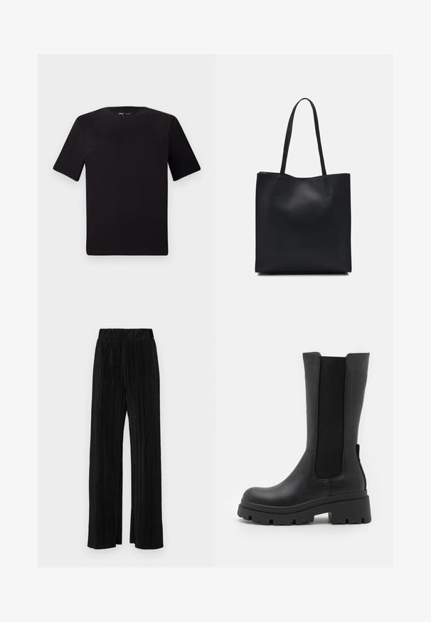Svart kortärmad t-shirt med rund halsringning, tillverkad i mjukt bomullstyg. Enkelt mönster, utan synliga logotyper eller mönster.; Svarta plisserade byxor med resårmidja. Har vida ben och ett mjukt, texturerat material med vertikala ränder.; ONLY SHOES ONLDOJA - Platåstövlar - black; Svart lädertoffelväska med slät textur, rektangulär form och två långa handtag. Ingen synlig hårdvara eller dekorationer.