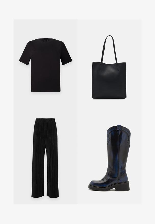 Tricou scurt negru cu mânecă scurtă și guler rotund, realizat dintr-un material de bumbac moale. Design simplu, fără logo-uri sau modele vizibile.; Pantaloni negri plisati cu talie elastică. Prezintă picioare largi și un material neted, texturat, cu dungi verticale.; Bronx DAFF-EY - Cizme cowboy/biker - black/galactic blue; Geantă tote neagră din piele, cu textură netedă, formă rectangulară și două mânere lungi. Fără hardware vizibil sau ornamente.
