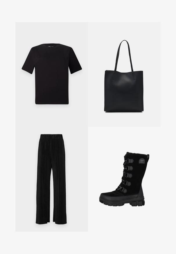 Black short-sleeve t-shirt with a round neckline, crafted from soft cotton fabric. Simple design, no visible logos or patterns.; Black pleated trousers with an elastic waistband. Features wide legs and a smooth, textured fabric with vertical stripes.; Black waterproof winter boots with a suede upper, fur collar, and rubber sole. Features lace-up design with hexagonal eyelets and logo patch.; Black leather tote bag with smooth texture, rectangular shape, and two long handles. No visible hardware or embellishments.