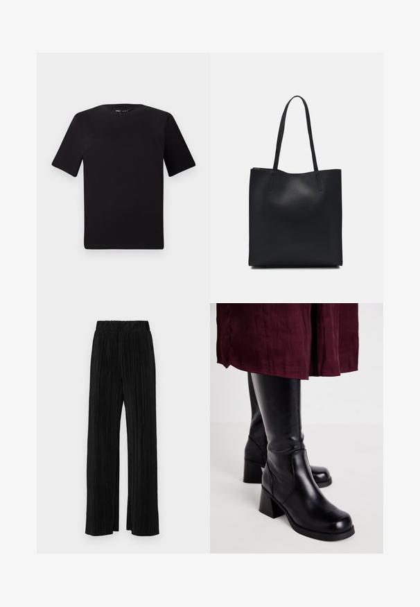 Black short-sleeve t-shirt with a round neckline, crafted from soft cotton fabric. Simple design, no visible logos or patterns.; Black pleated trousers with an elastic waistband. Features wide legs and a smooth, textured fabric with vertical stripes.; Black knee-high boots with a smooth leather finish, rectangular block heels, and side stitching detail, paired with a maroon skirt.; Black leather tote bag with smooth texture, rectangular shape, and two long handles. No visible hardware or embellishments.