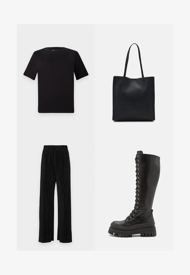 Melnas īsām piedurknēm T-krekls ar apaļu kakla izgriezumu, izgatavots no mīksta kokvilnas auduma. Vienkāršs dizains, bez redzamām logo vai rakstiem.; Melni plīšu bikses ar elastīgu jostu. Tām ir platākas kājas un gluda, teksturēta auduma ar vertikālām svītrām.; Steve Madden CARINA - Zābaki ar platformu - black; Melnas ādas somiņa ar gludu tekstūru, taisnstūra formu un divām garām rokturiem. Nav redzamu aparatūras vai rotājumu.