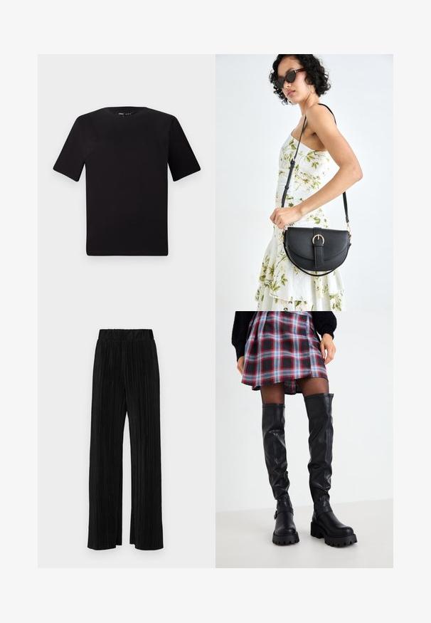 Fekete, rövid ujjú póló, kerek nyakkal, puha pamutból készült. Egyszerű dizájn, nincs látható logó vagy minta.; Fekete pliszírozott nadrág gumis derekkal. Széles lábakkal rendelkezik, sima, texturált anyagból készült, függőleges csíkokkal.; Fekete, térd felett végződő csizma sima bőrből, vastag talppal, oldalsó cipzárral és csattos díszítéssel, kockás szoknyával párosítva.; Fekete bőrtáska ívelt formával, levehető pánttal és arany színű fémrészekkel. A táskán egy csattal díszített fedél található.