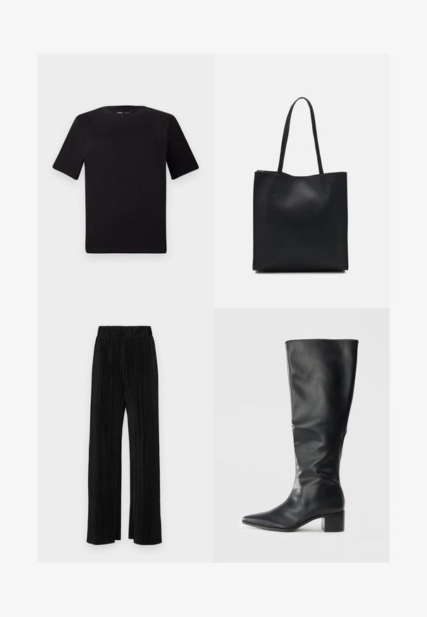 Tricou scurt negru cu mânecă scurtă și guler rotund, realizat dintr-un material de bumbac moale. Design simplu, fără logo-uri sau modele vizibile.; Pantaloni negri plisati cu talie elastică. Prezintă picioare largi și un material neted, texturat, cu dungi verticale.; Botine din piele negre, cu lungimea până la genunchi, cu vârf ascuțit și toc pătrat, văzute din lateral pe un fundal simplu.; Geantă tote neagră din piele, cu textură netedă, formă rectangulară și două mânere lungi. Fără hardware vizibil sau ornamente.
