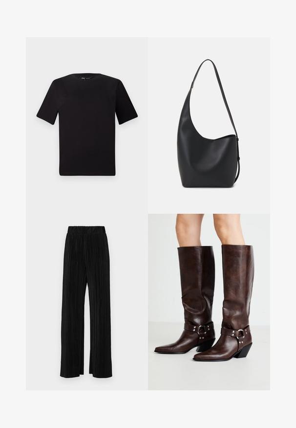 Černé tričko s krátkým rukávem a kulatým výstřihem, vyrobené z měkké bavlněné látky. Jednoduchý design, žádné viditelné logo nebo vzory.; Černé plisované kalhoty s elastickým pasem. Mají široké nohavice a hladkou, strukturovanou tkaninu s vertikálními pruhy.; RAID NEVIS - Kovbojské/motorkářské kozačky - brown; Černá kožená hobo taška s hladkým povrchem, zakřiveným tvarem a jedním nastavitelným popruhem; má široké otevírání nahoře.