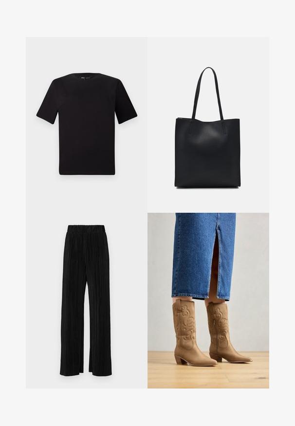 Black short-sleeve t-shirt with a round neckline, crafted from soft cotton fabric. Simple design, no visible logos or patterns.; Black pleated trousers with an elastic waistband. Features wide legs and a smooth, textured fabric with vertical stripes.; Tan western-style boots with decorative stitching, pointed toe, and a stacked heel. Worn with a knee-length denim skirt, revealing the boots.; Black leather tote bag with smooth texture, rectangular shape, and two long handles. No visible hardware or embellishments.