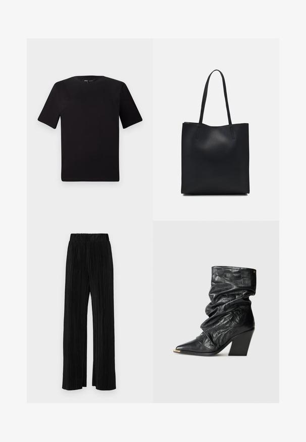 Crna majica kratkih rukava s okruglim izrezom, izrađena od mekane pamučne tkanine. Jednostavan dizajn, bez vidljivih logotipa ili uzoraka.; Crne plisirane hlače s elastičnim pojasom. Imaju široke nogavice i glatku, teksturiranu tkaninu s vertikalnim prugama.; Crne kožne čizme do pola listova s naboranom teksturom krokodila, šiljastim vrhom, zlatnim vrhom i debelim visokim potplatom na bijeloj pozadini.; Crna kožna torba za nošenje s glatkom teksturom, pravokutnim oblikom i dvije duge ručke. Nema vidljivih metalnih dijelova ili ukrasa.