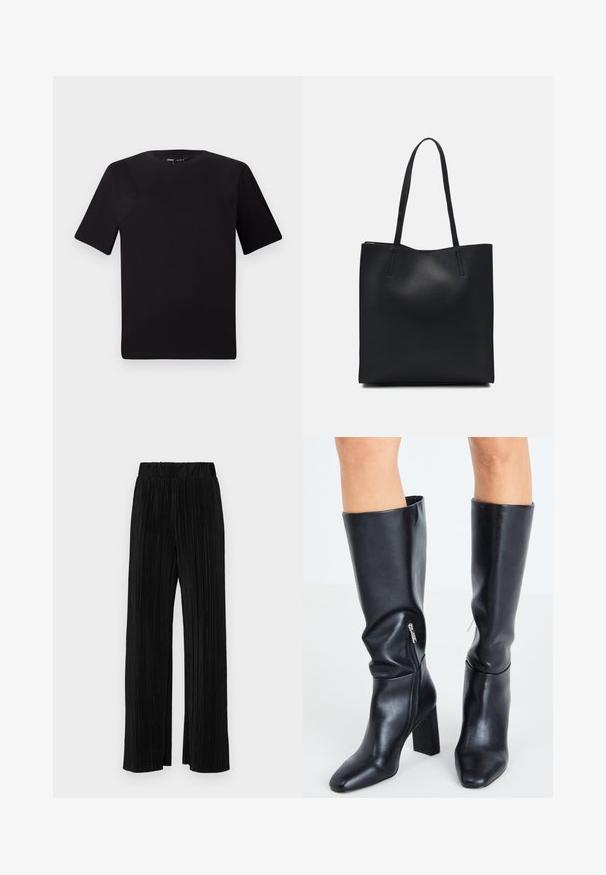 T-shirt nera a maniche corte con scollatura rotonda, realizzata in morbido cotone. Design semplice, senza loghi o motivi visibili.; Pantaloni neri a plissé con vita elasticizzata. Presentano gamba ampia e un tessuto liscio e texture con strisce verticali.; Steve Madden SPEEDWAY - Stivali alti - black; Borsa tote in pelle nera con texture liscia, forma rettangolare e due manici lunghi. Nessun hardware o decorazione visibile.